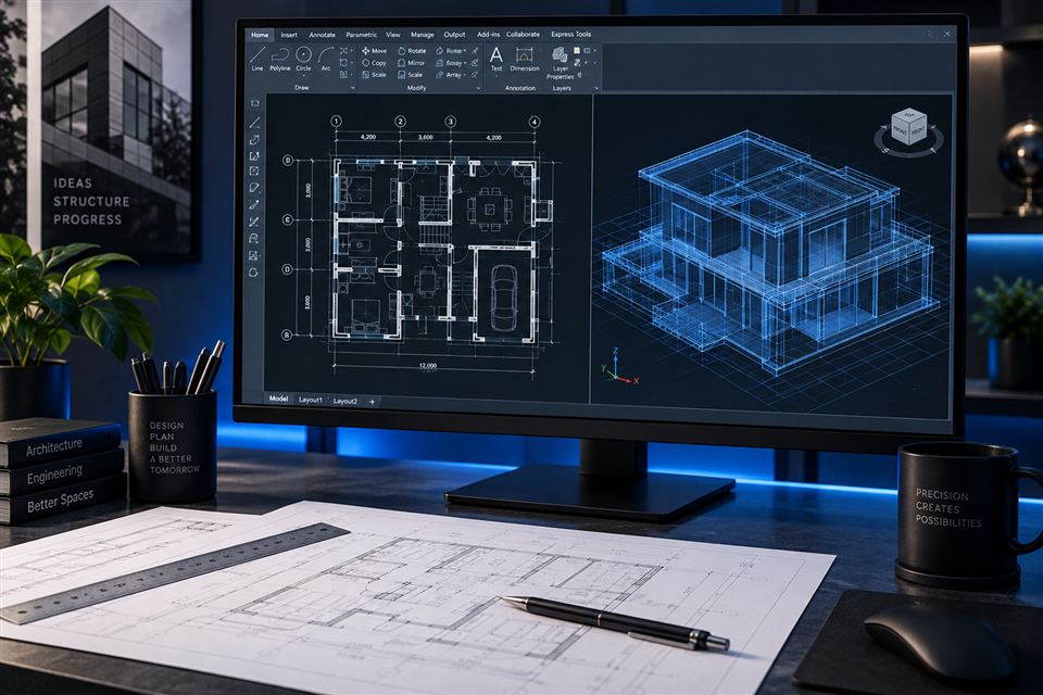 Planta técnica e modelo tridimensional de uma residência