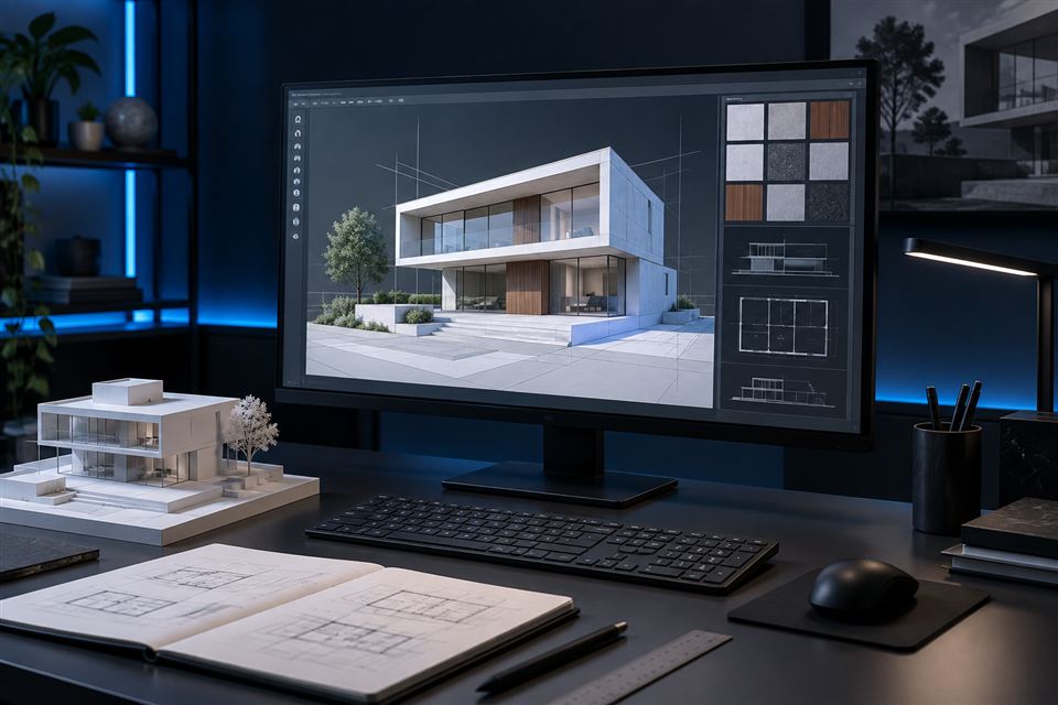 Modelo arquitetônico digital e maquete de uma residência